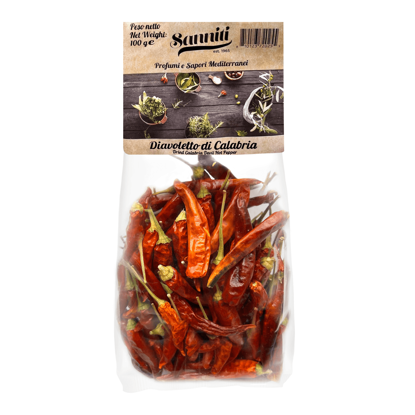 Sanniti Diavoletto di Calabria Dried Calabrian Devil Hot Pepper, 100g Fruits & Veggies Sanniti