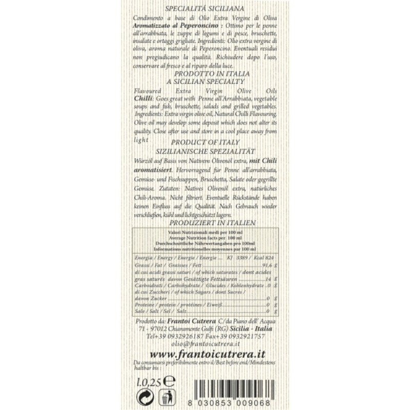 Frantoi Cutrera Chili Pepper Flavored Extra Virgin Olive Oil, 8.5 oz Oil & Vinegar Frantoi Cutrera