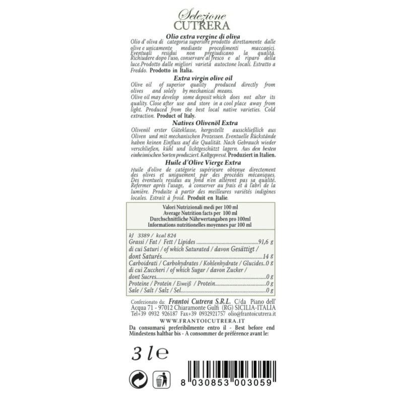Frantoi Cutrera Selezione Cutrera Extra Virgin Olive Oil Tin, 3 Liter Oil & Vinegar Frantoi Cutrera