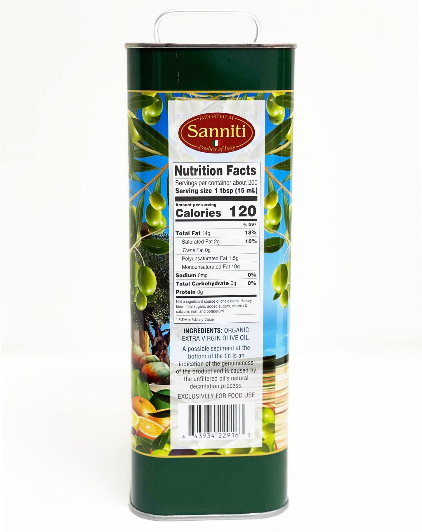 Sanniti Organic Unfiltered Extra Virgin Olive Oil Tin, 3 Liter Oil & Vinegar Sanniti