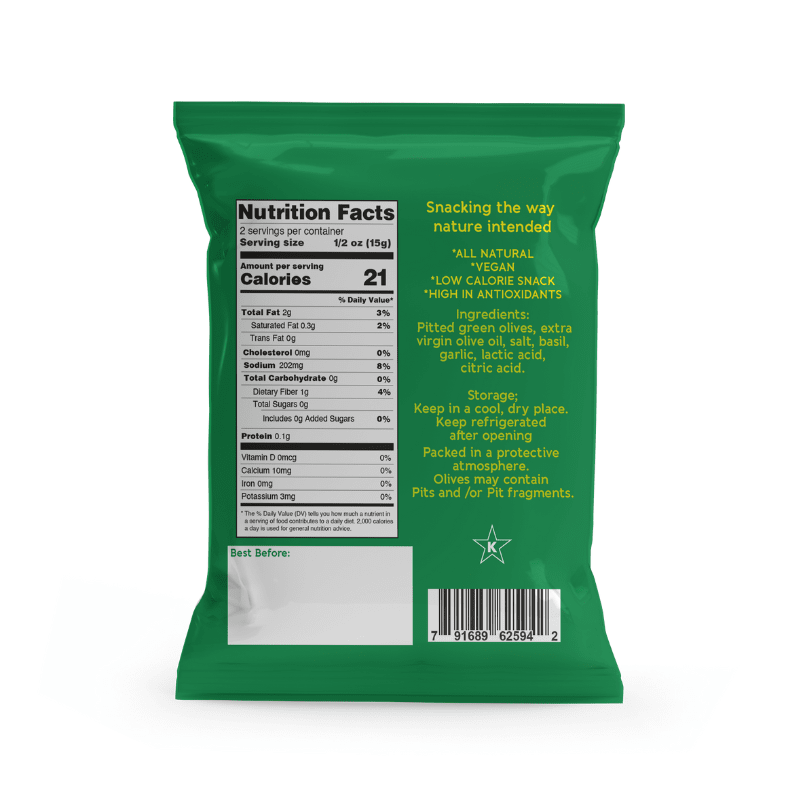 Valesco Basil & Garlic Pitted Green O'lives 2 Snack, 1.1 oz Olives & Capers Valesco