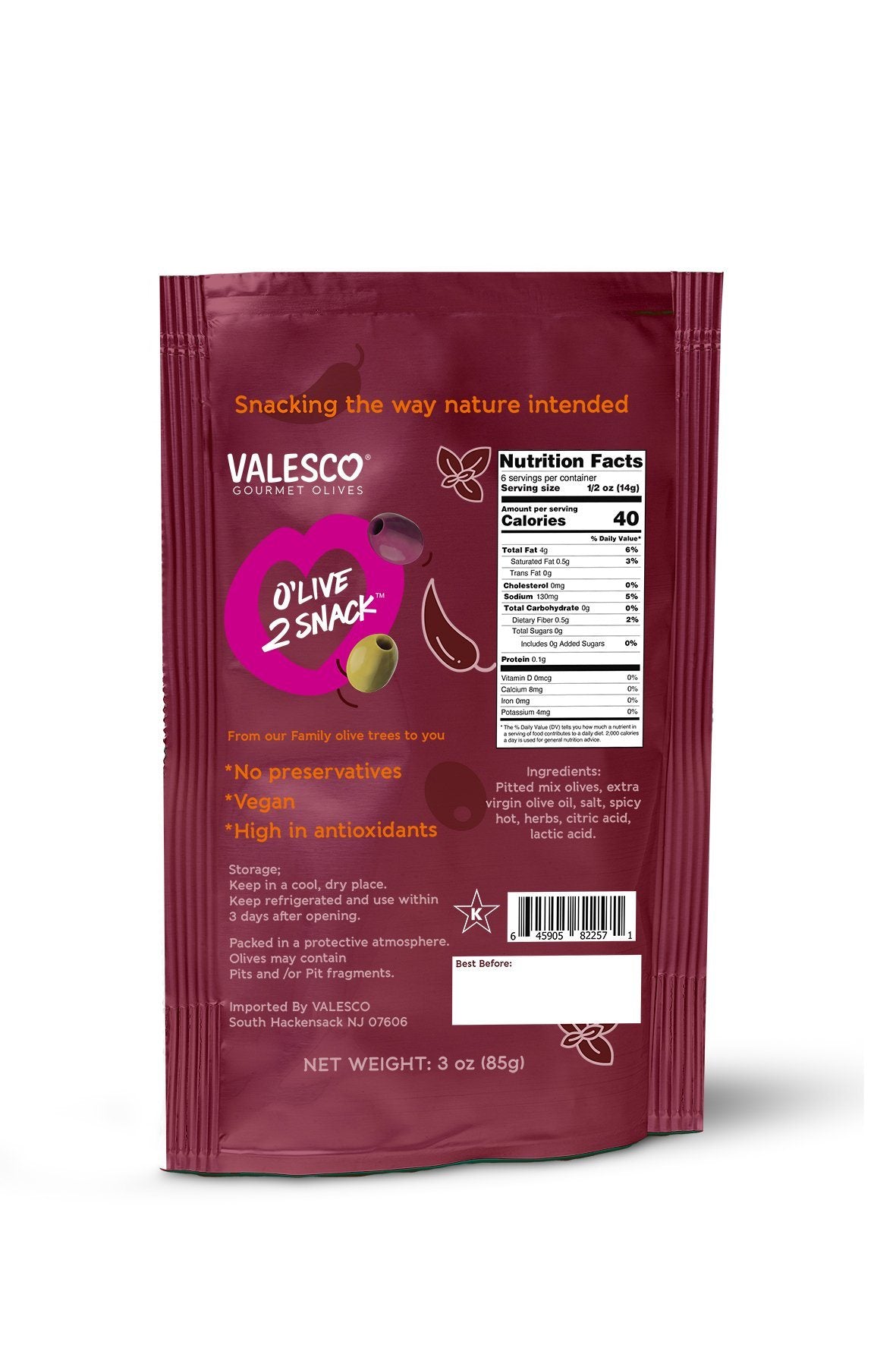 Valesco Chili Pepper and Herbs Pitted Mixed O'lives 2 Snack, 3 oz Olives & Capers Valesco