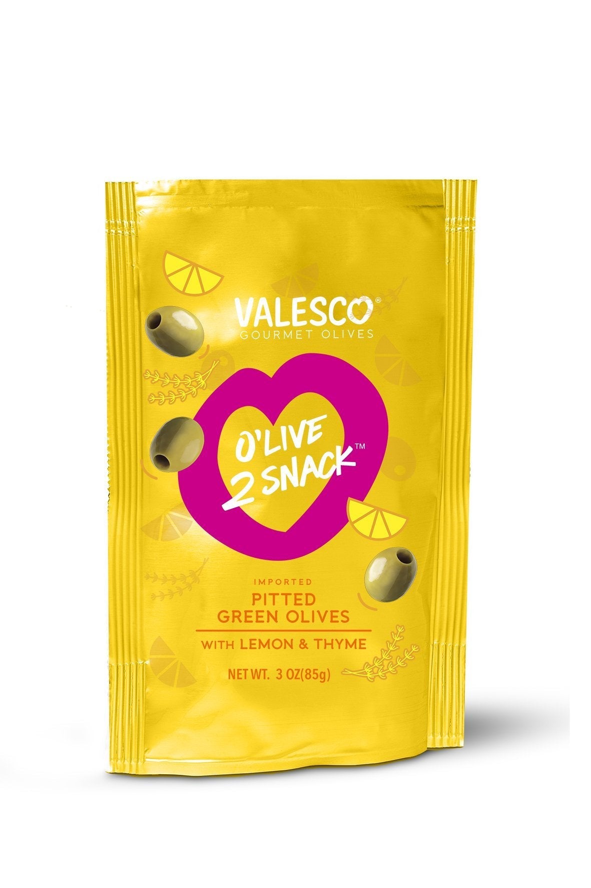 Valesco Lemon and Thyme Pitted Green O'lives 2 Snack, 3 oz Olives & Capers Valesco