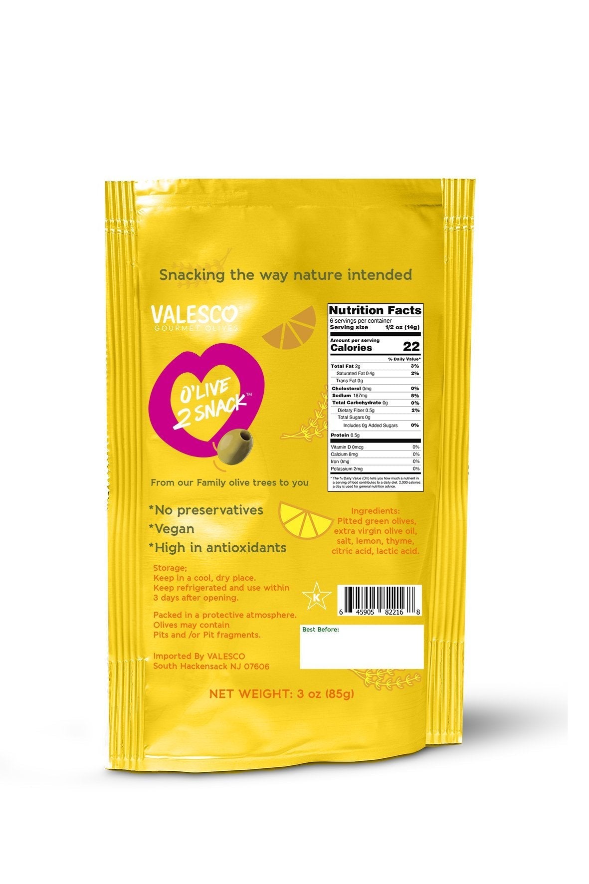 Valesco Lemon and Thyme Pitted Green O'lives 2 Snack, 3 oz Olives & Capers Valesco