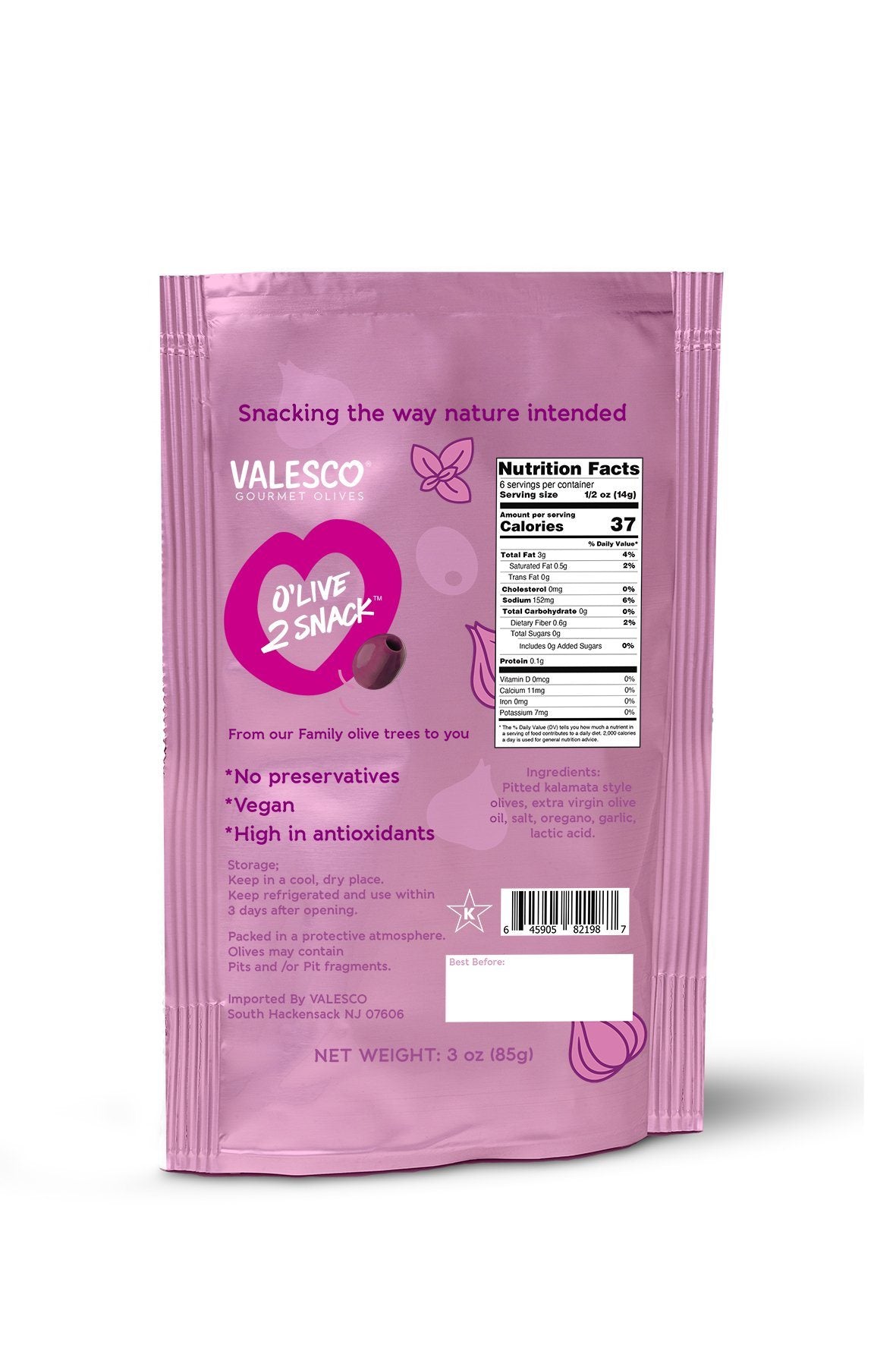 Valesco Oregano and Garlic Pitted Kalamata O'lives 2 Snack, 3 oz Olives & Capers Valesco