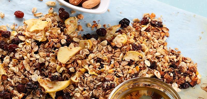 Muesli cereal with rolled oats, almonds, and raisins