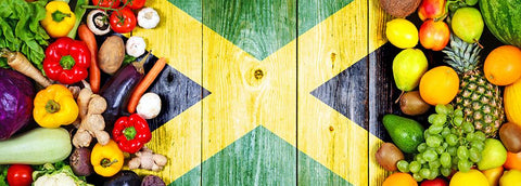 Wooden table with Jamaican flag fresh fruit