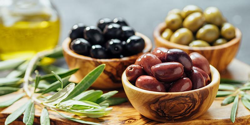 black olives, green olives, purple olives