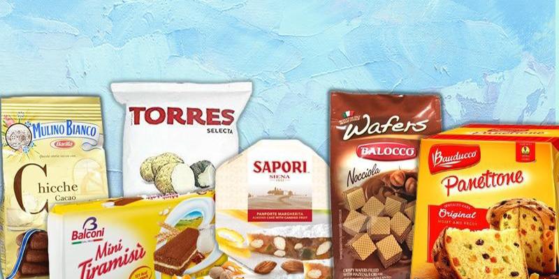 Italian cookies, truffle chips, wafers, mini tiramisu cakes, panettone