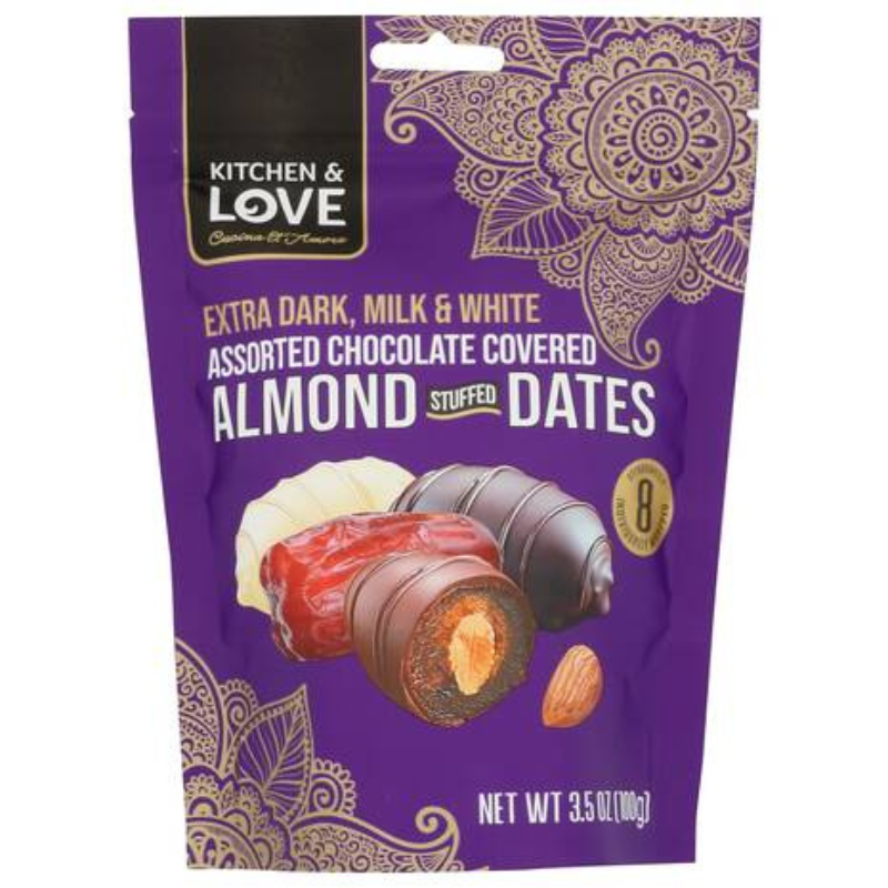 Kitchen & Love Assorted Chocolate Covered Almond Stuffed Dates, 3.5 oz [Pack of 8]