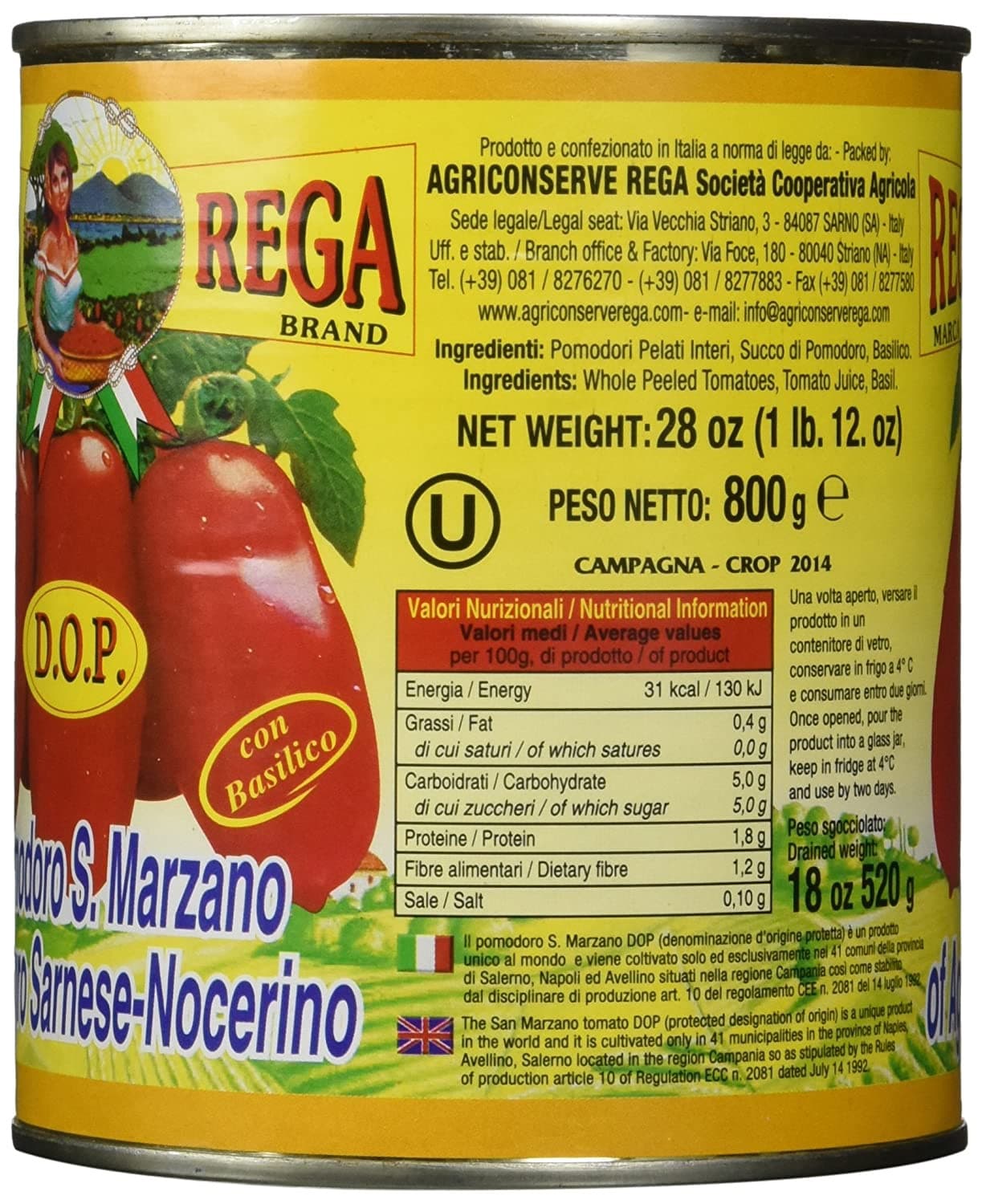 Rega San Marzano Peeled Tomatoes D.O.P., 28 oz Fruits & Veggies Rega 